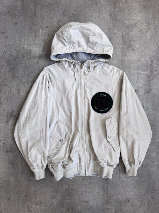 Issey Miyake Flocked Logo 1980 Cream Reversible Hooded Bomber Jacket