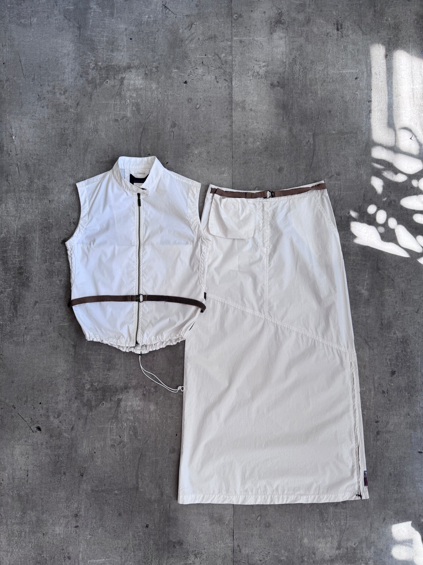 Moncler Multi Adjustable White Nylon Two Piece Skirt Set