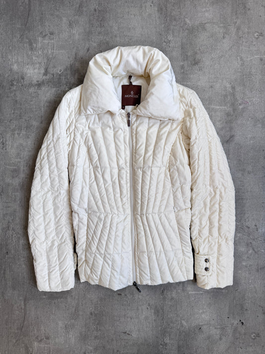 Moncler Cream Blanc Noir Panelled Notch Collar Puffer Jacket