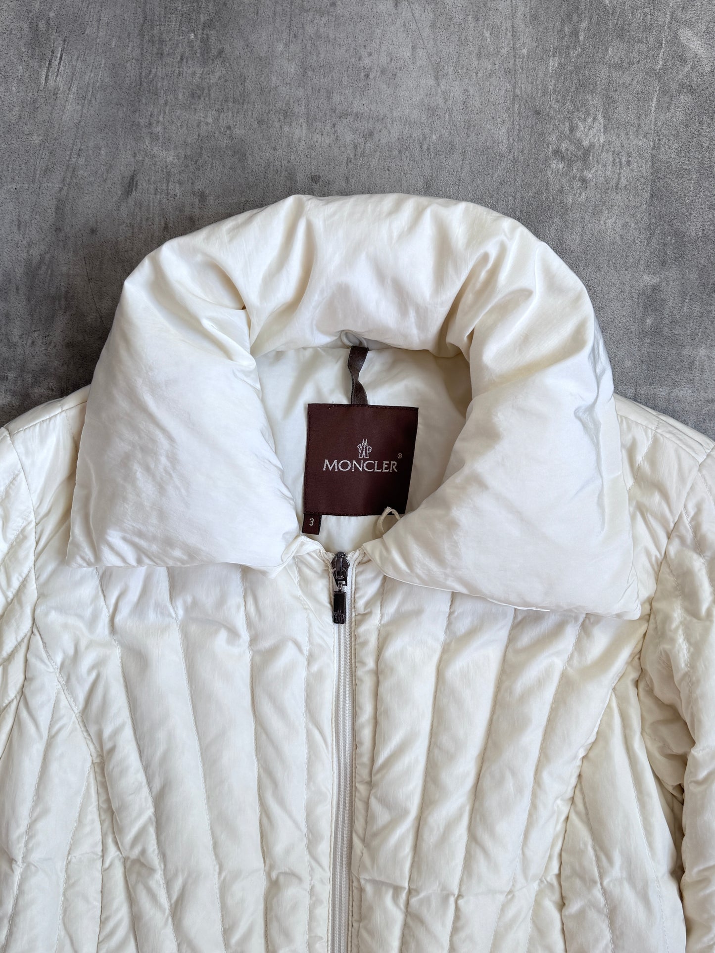 Moncler Cream Blanc Noir Panelled Notch Collar Puffer Jacket