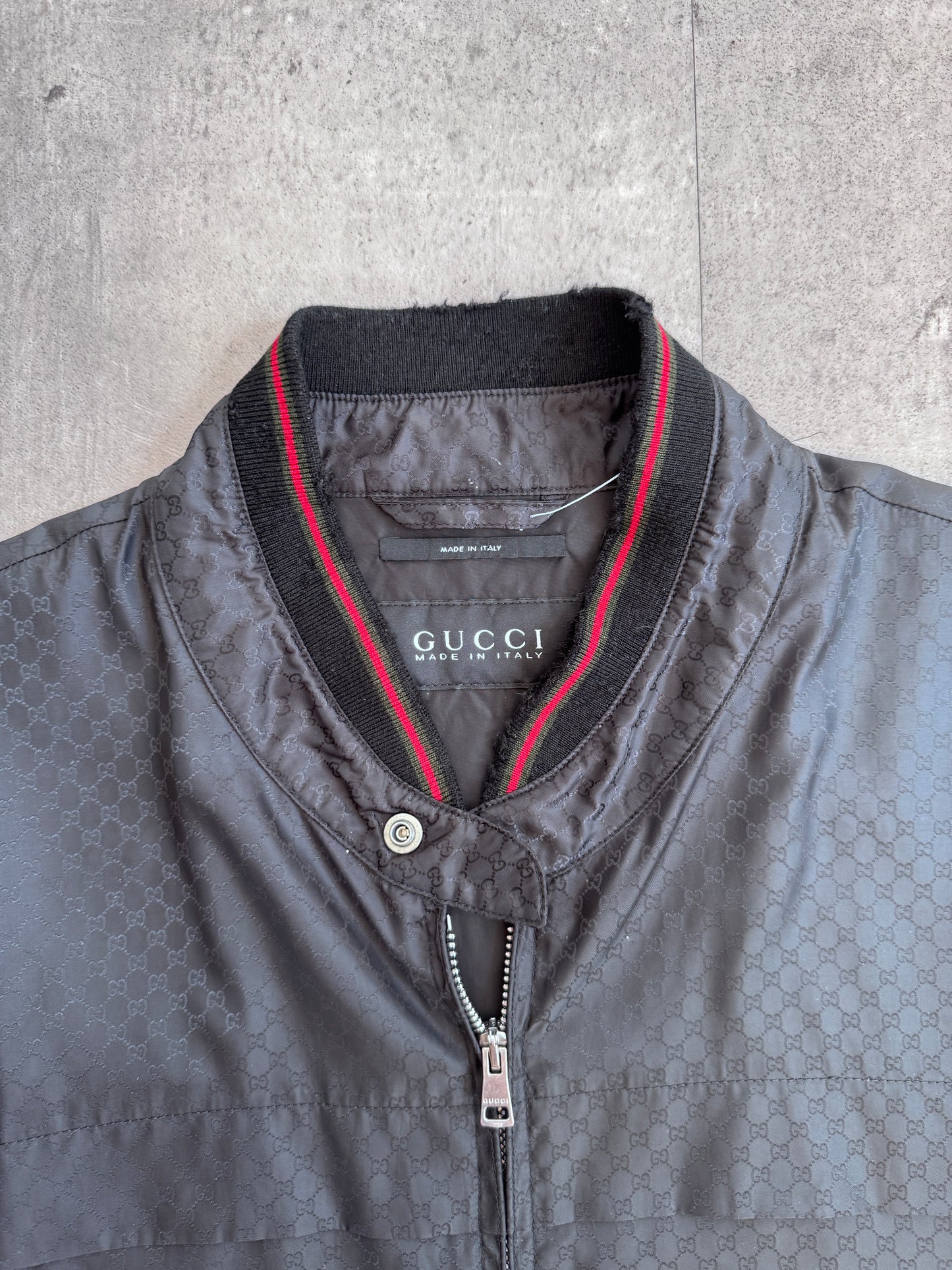 Gucci Signature Stripe Collar Monogram Nylon Bomber