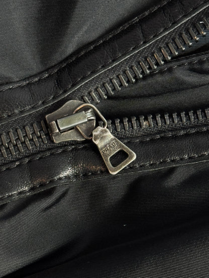 Prada Ribbed Leather Nylon Panelled Bomber Jacket
