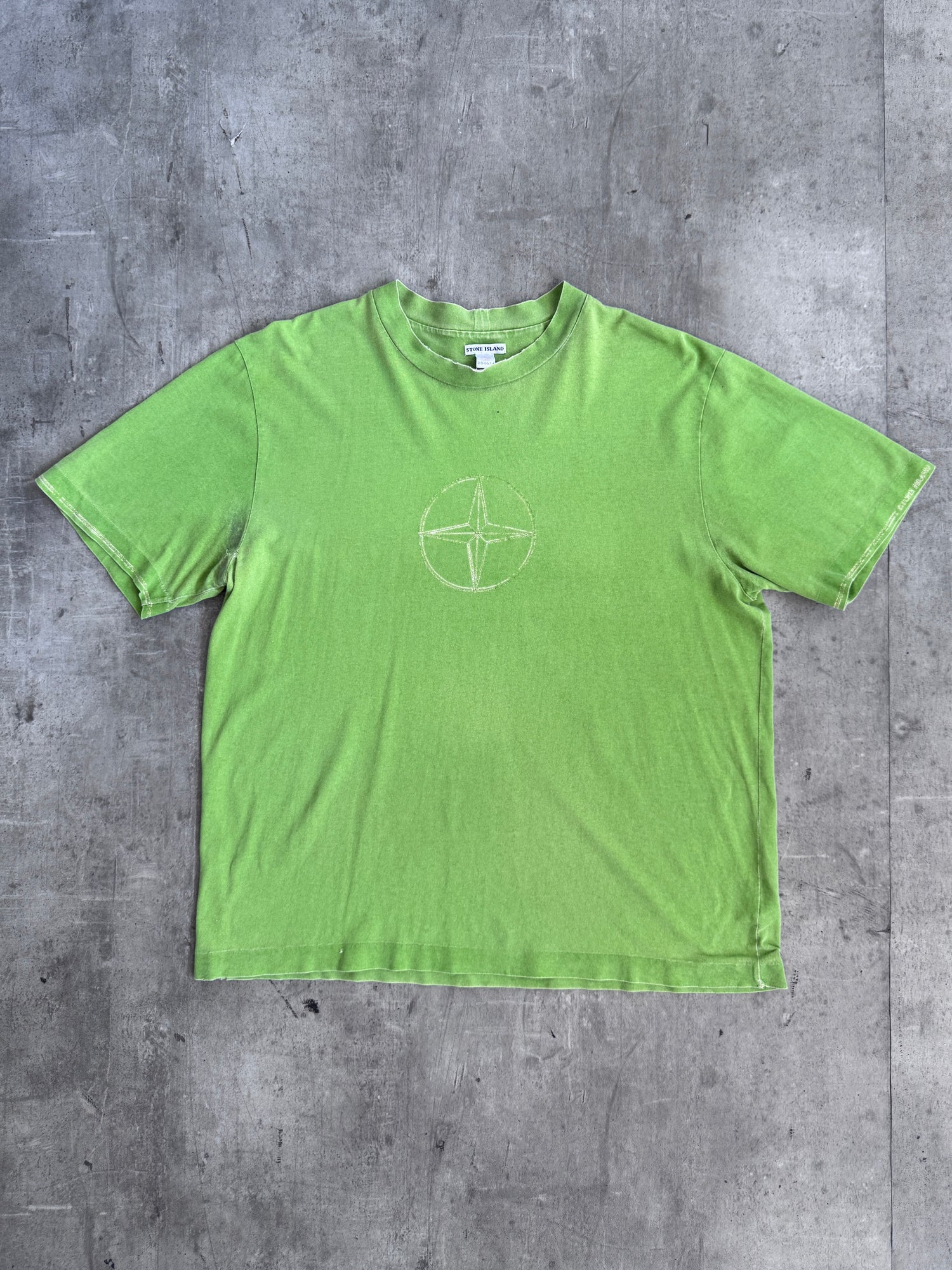 S/S 2002 Stone Island Lime Green Compass Embossed Thrashed Tee