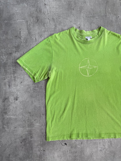 S/S 2002 Stone Island Lime Green Compass Embossed Thrashed Tee