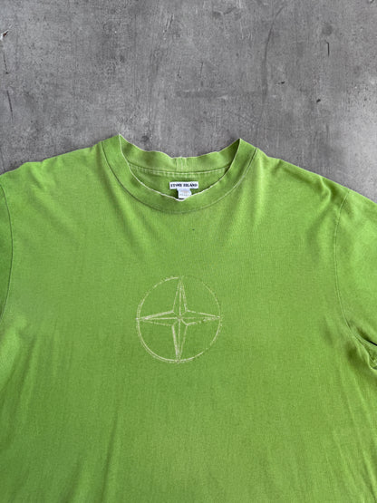 S/S 2002 Stone Island Lime Green Compass Embossed Thrashed Tee