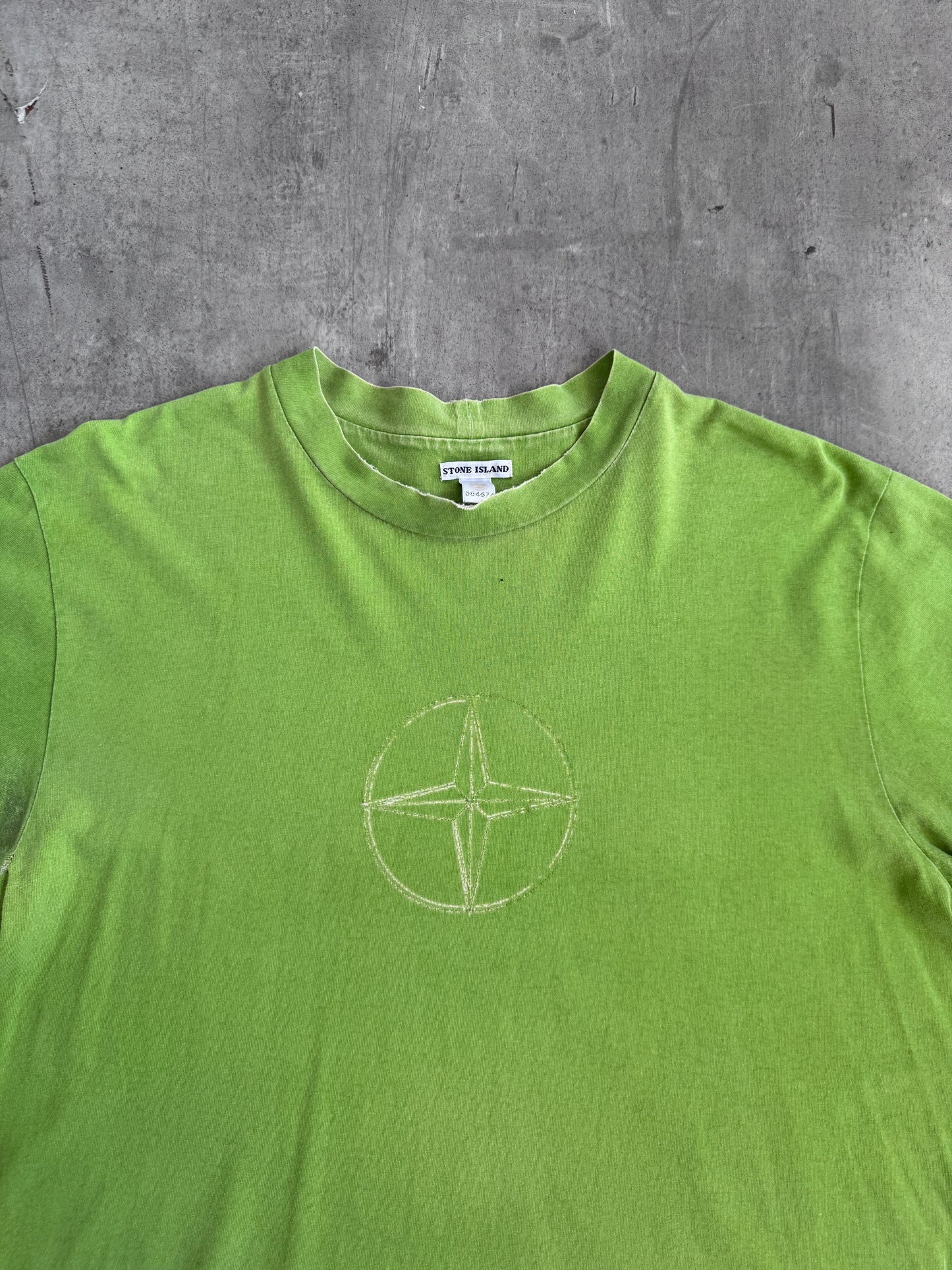 S/S 2002 Stone Island Lime Green Compass Embossed Thrashed Tee