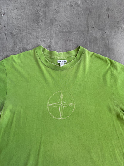 S/S 2002 Stone Island Lime Green Compass Embossed Thrashed Tee