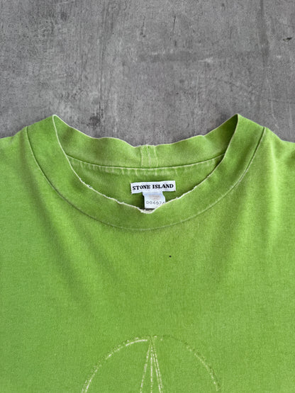 S/S 2002 Stone Island Lime Green Compass Embossed Thrashed Tee