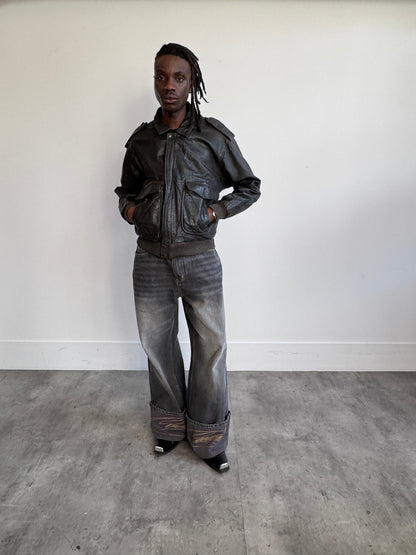 Deep Brown 1980s Leather Bomber Jacket