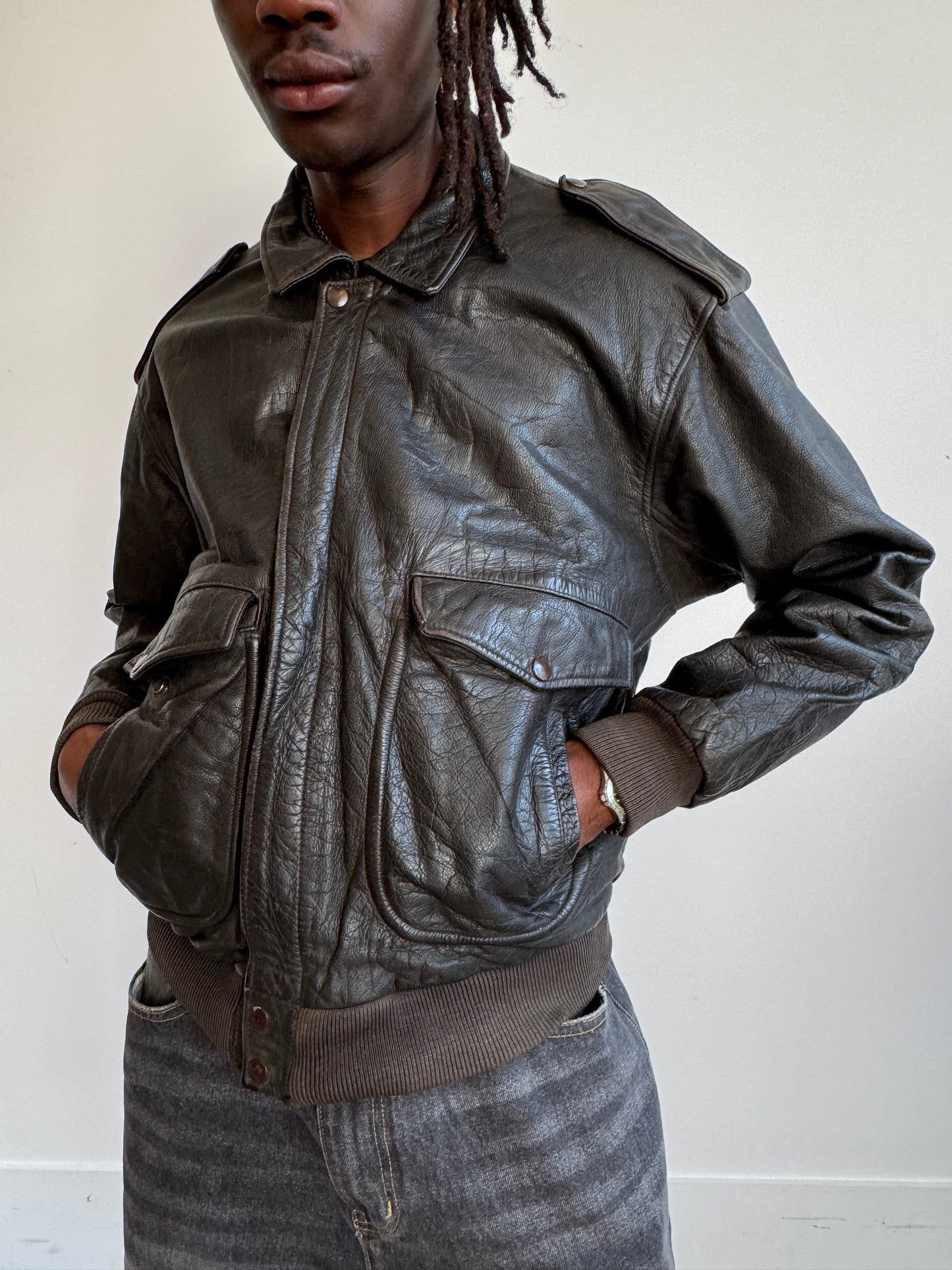 Deep Brown 1980s Leather Bomber Jacket