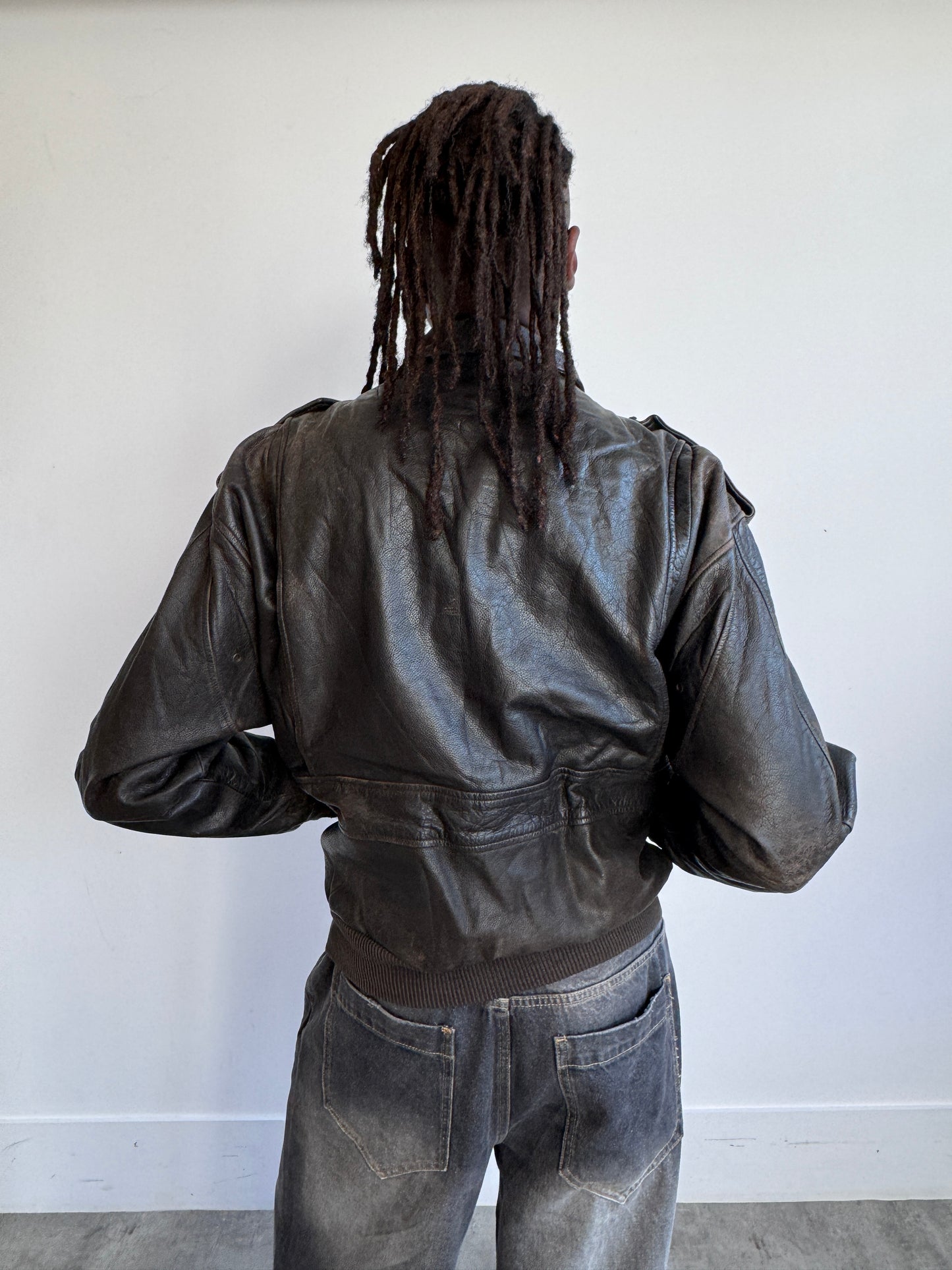 Deep Brown 1980s Leather Bomber Jacket