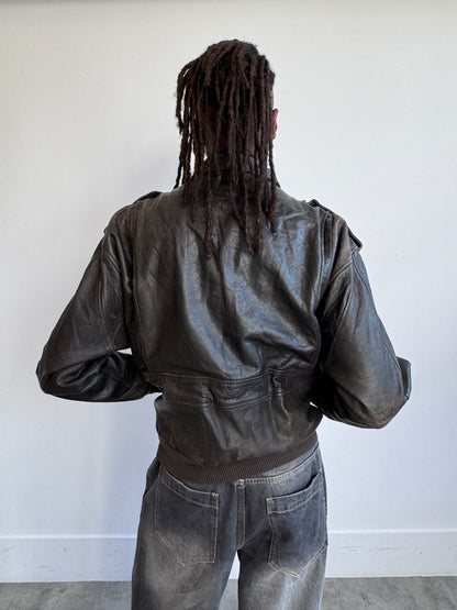 Deep Brown 1980s Leather Bomber Jacket
