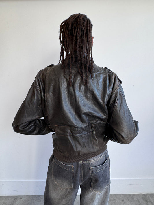 Deep Brown 1980s Leather Bomber Jacket