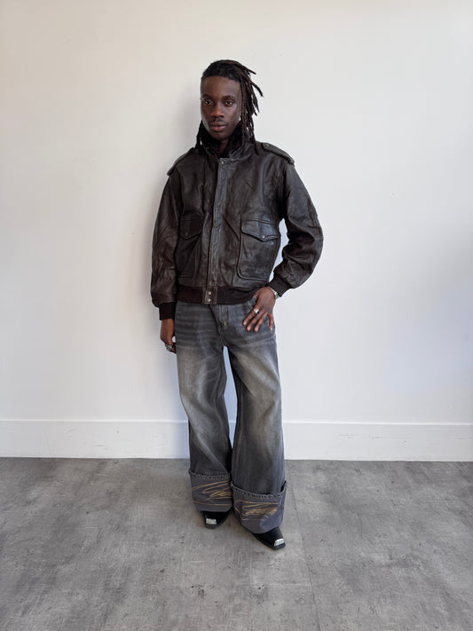 Konely Cuir Removable Lining Deep Brown Leather Bomber Jacket