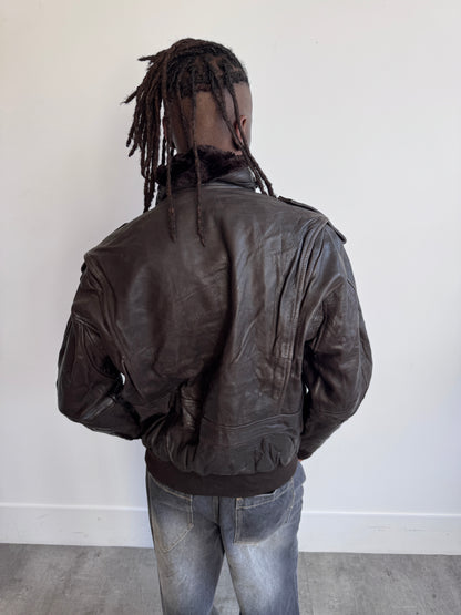 Konely Cuir Removable Lining Deep Brown Leather Bomber Jacket