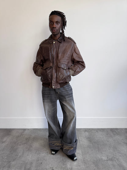 Normans Bole Brown Distressed Leather Bomber Jacket