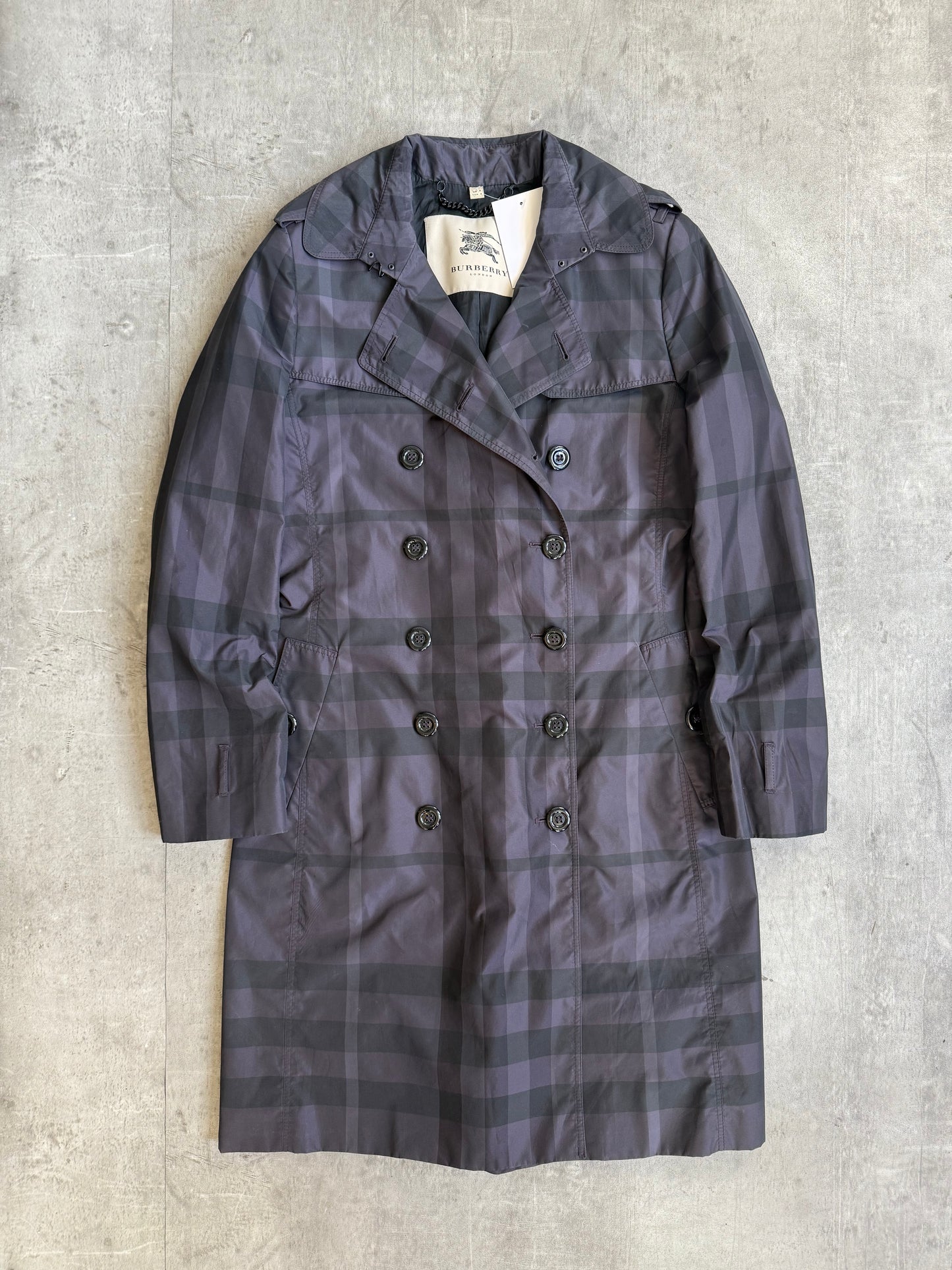 Burberry Purple Plaid Double Breasted Nylon Trench Coat (Sold As Seen)