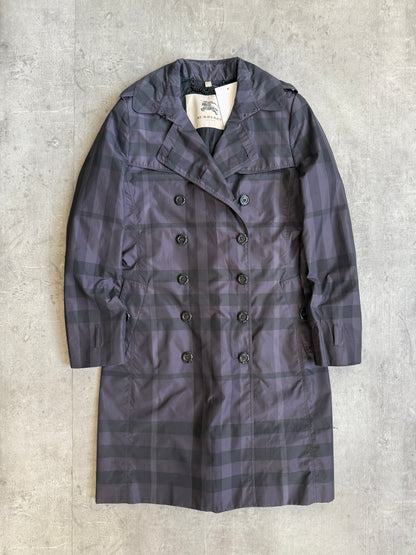 Burberry Purple Plaid Double Breasted Nylon Trench Coat (Sold As Seen)