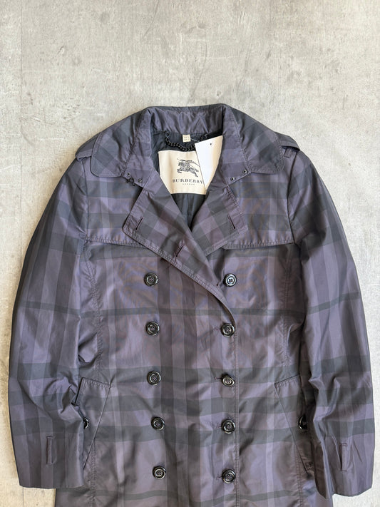 Burberry Purple Plaid Double Breasted Nylon Trench Coat (Sold As Seen)