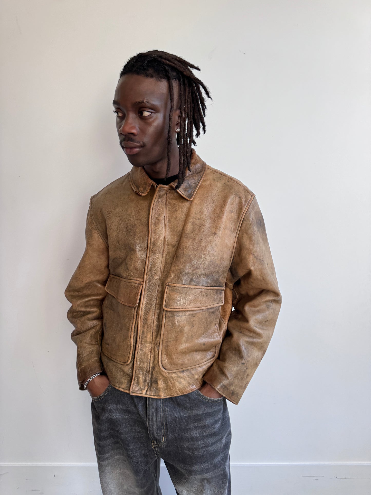 Rocky 1980's Distressed Brown Leather Workwear Jacket