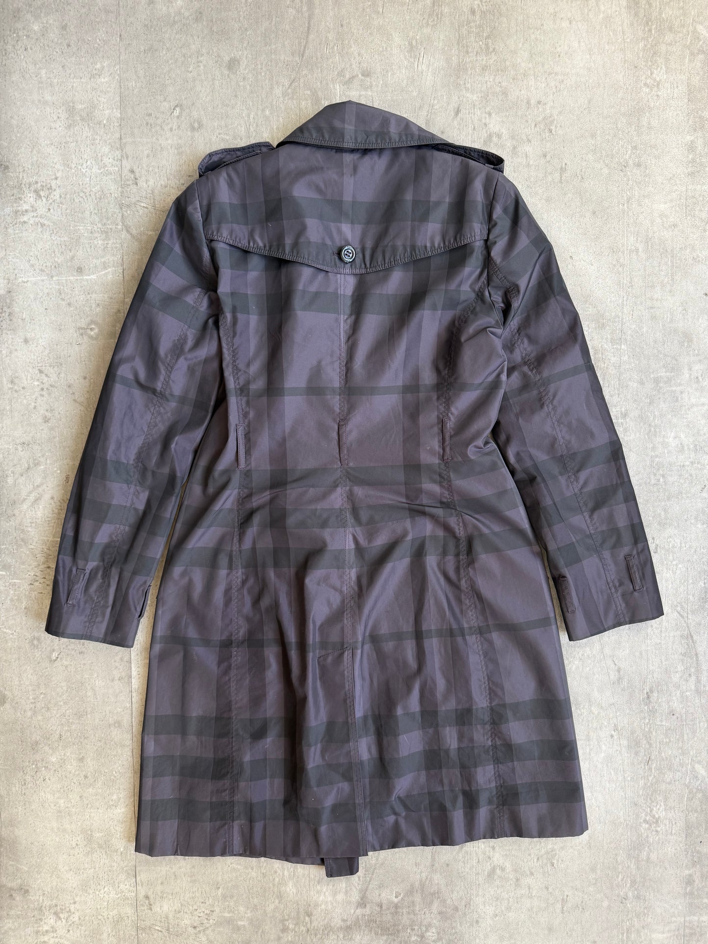 Burberry Purple Plaid Double Breasted Nylon Trench Coat (Sold As Seen)