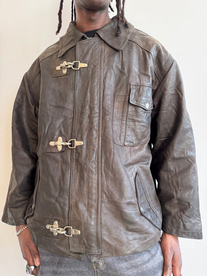 Mystere Fireman Clasp Multipocket Waxed Brown Leather Jacket