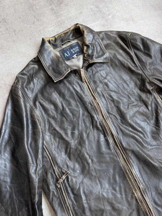 Armani Distressed Buckle Detail Leather Jacket