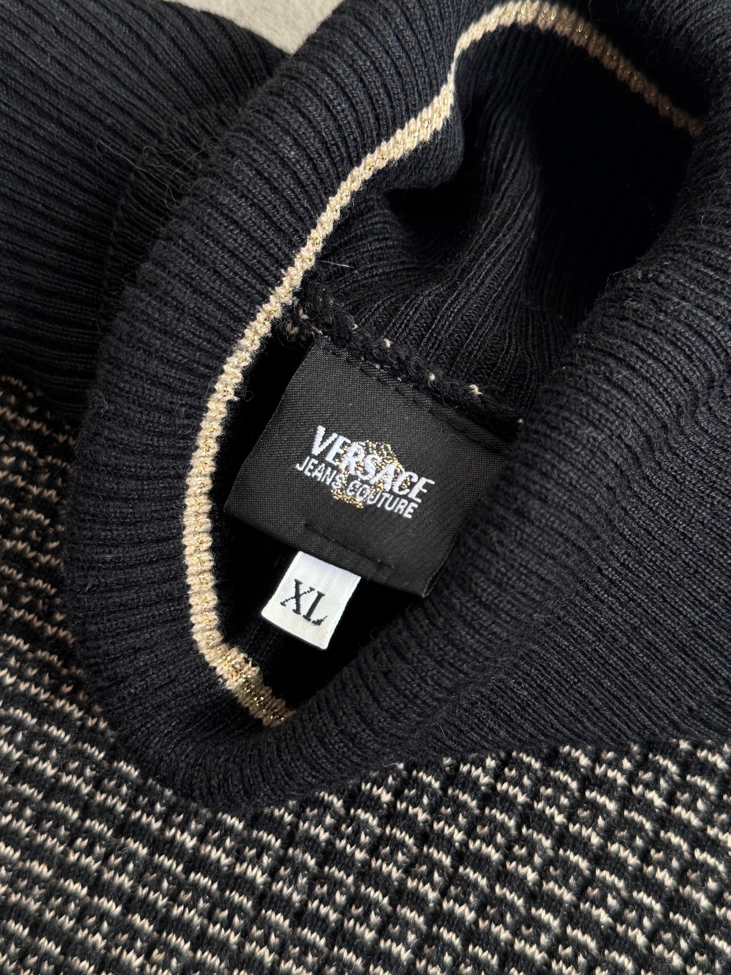 Versace Two Tone Ribbed Knit Turtle Neck