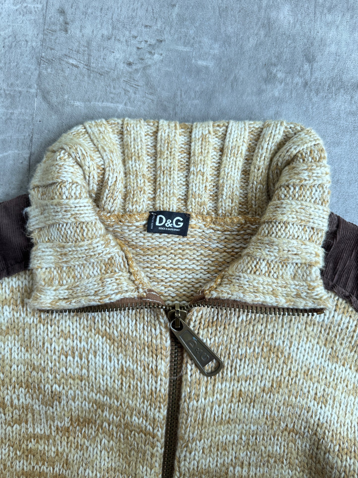D&G Cord Shoulder Rib Knit Zip Up Sweater