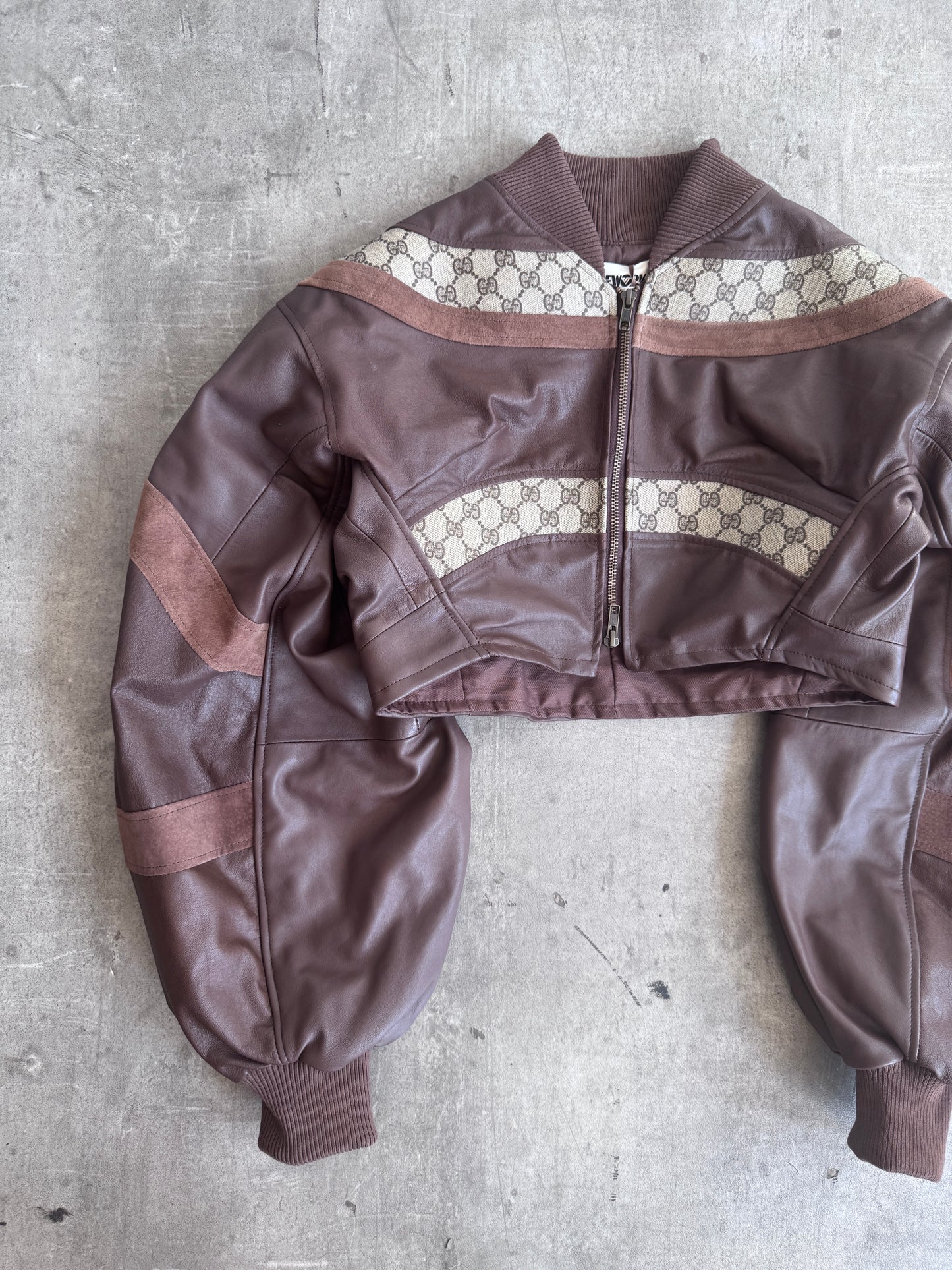 VT Rework: Gucci Canvas Monogram Cropped Balloon Sleeve Leather Jacket