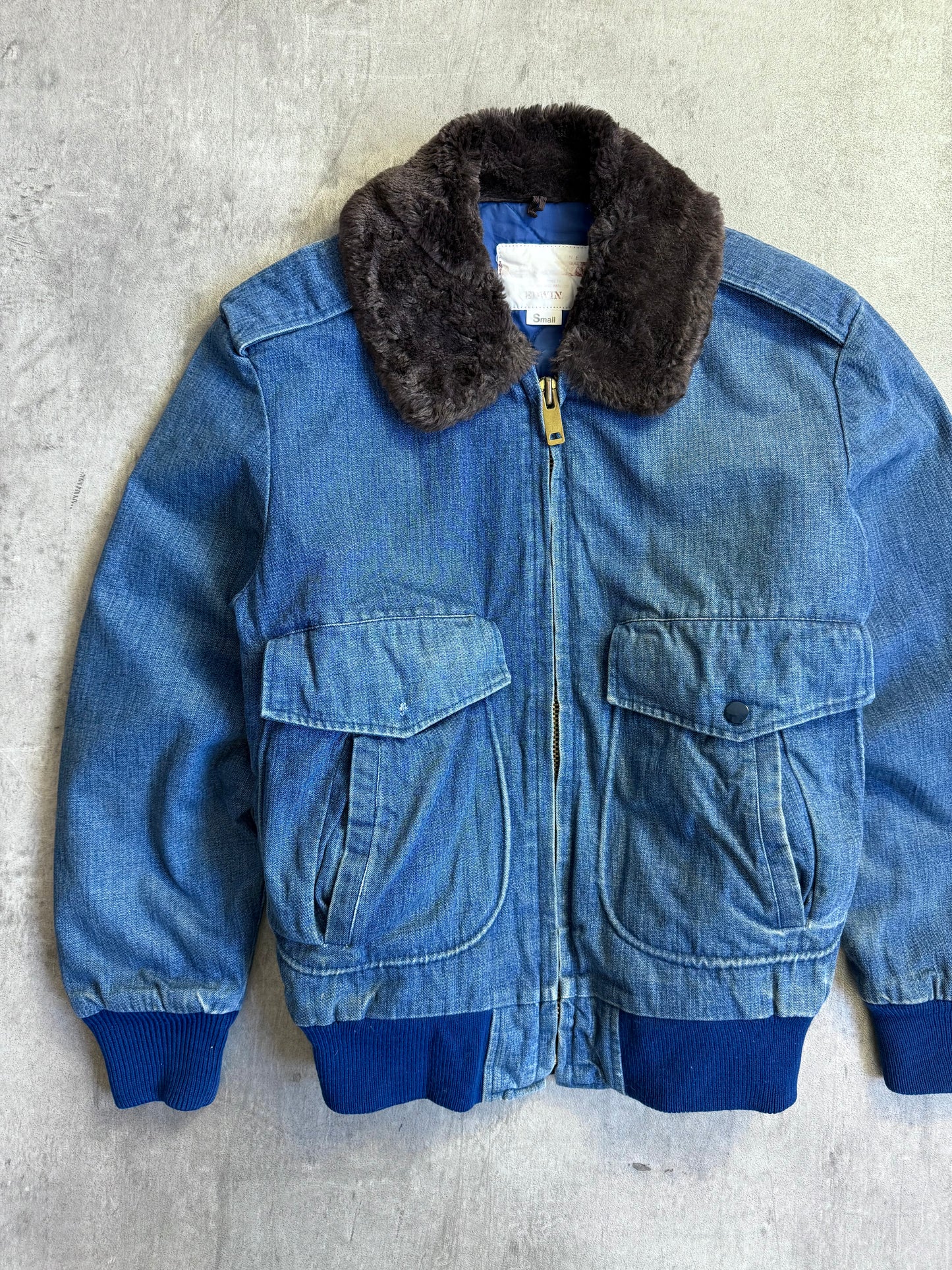 Edwin Faux Shearling Collar Denim Bomber Jacket (Sold As Seen)