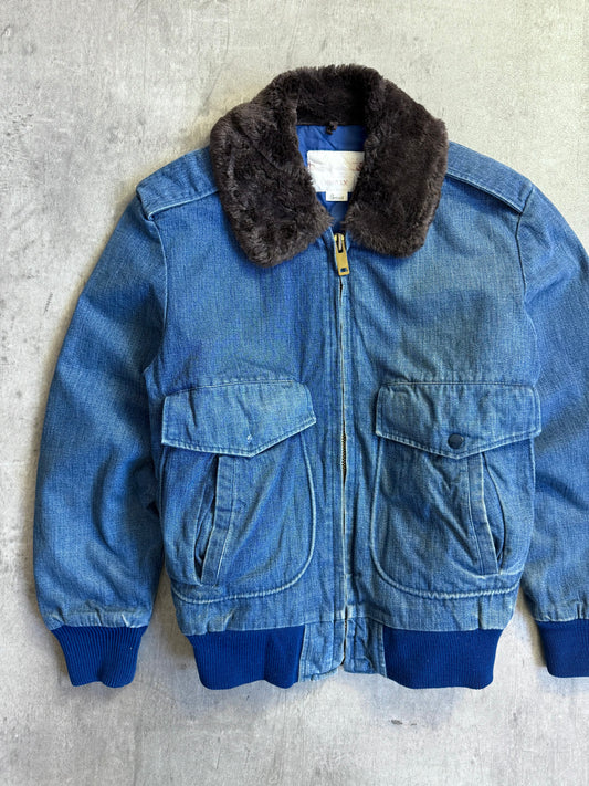 Edwin Faux Shearling Collar Denim Bomber Jacket (Sold As Seen)