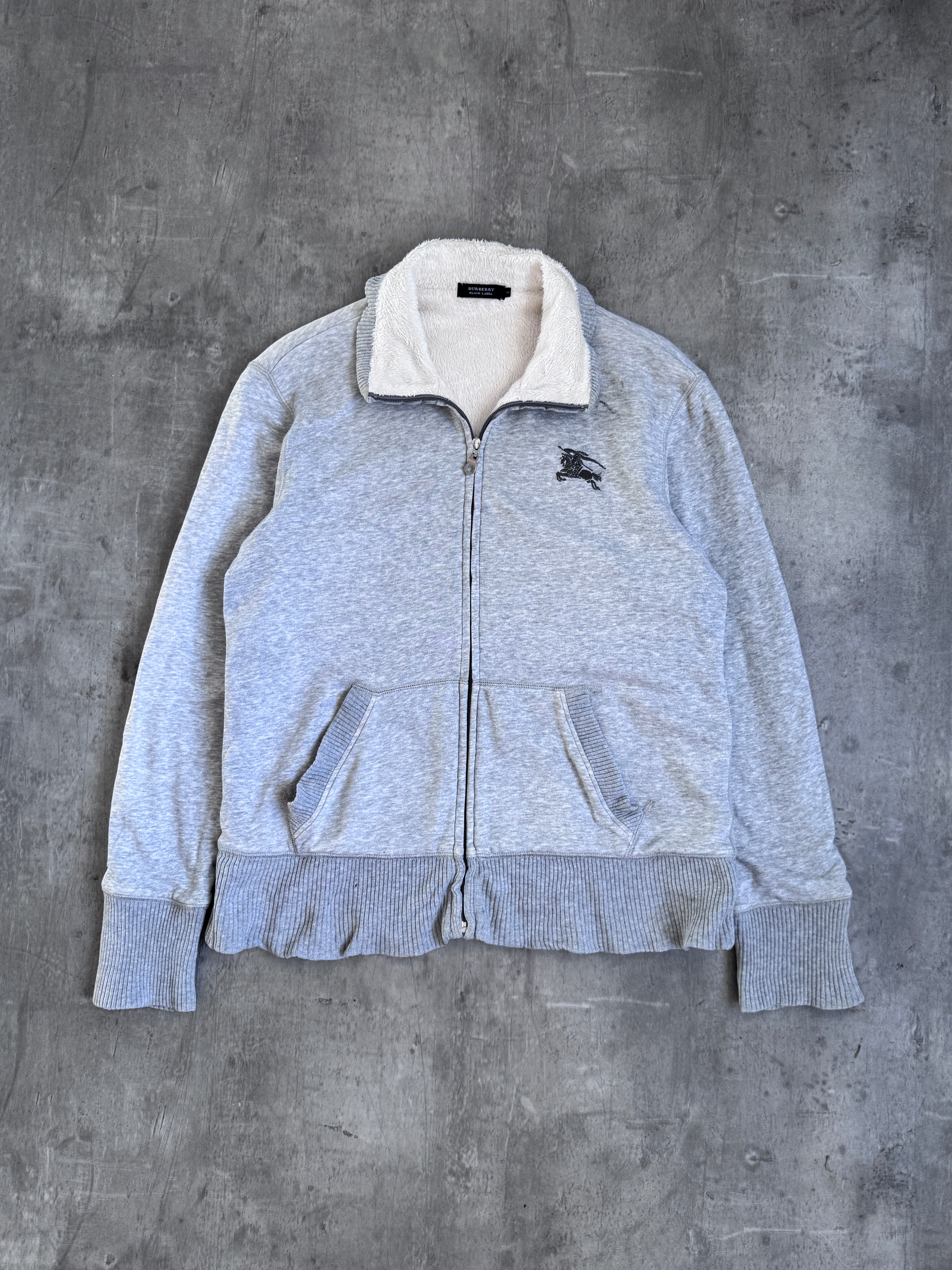 Burberry Black Label Faux Fur Lined Grey Zip Up Sweater – Vintage