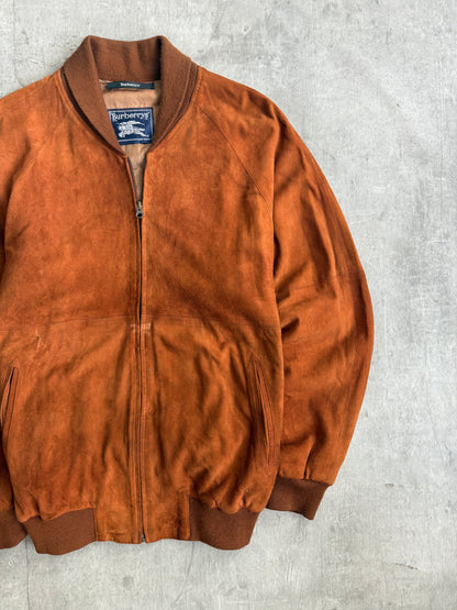 Burberry Brown Suede Leather Full Zip Bomber Jacket