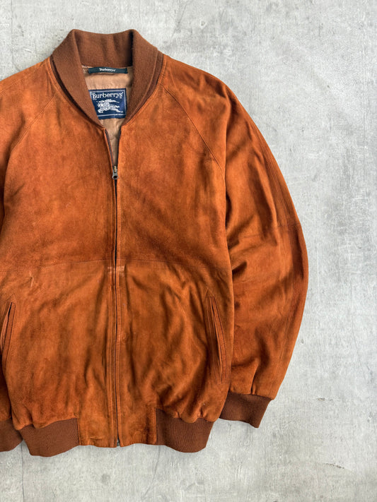 Burberry Brown Suede Leather Full Zip Bomber Jacket