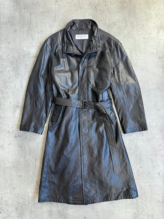 1990 Balmain Paris Belted Black Leather Trench