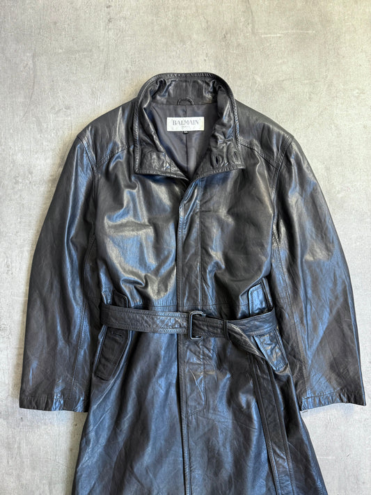 1990 Balmain Paris Belted Black Leather Trench
