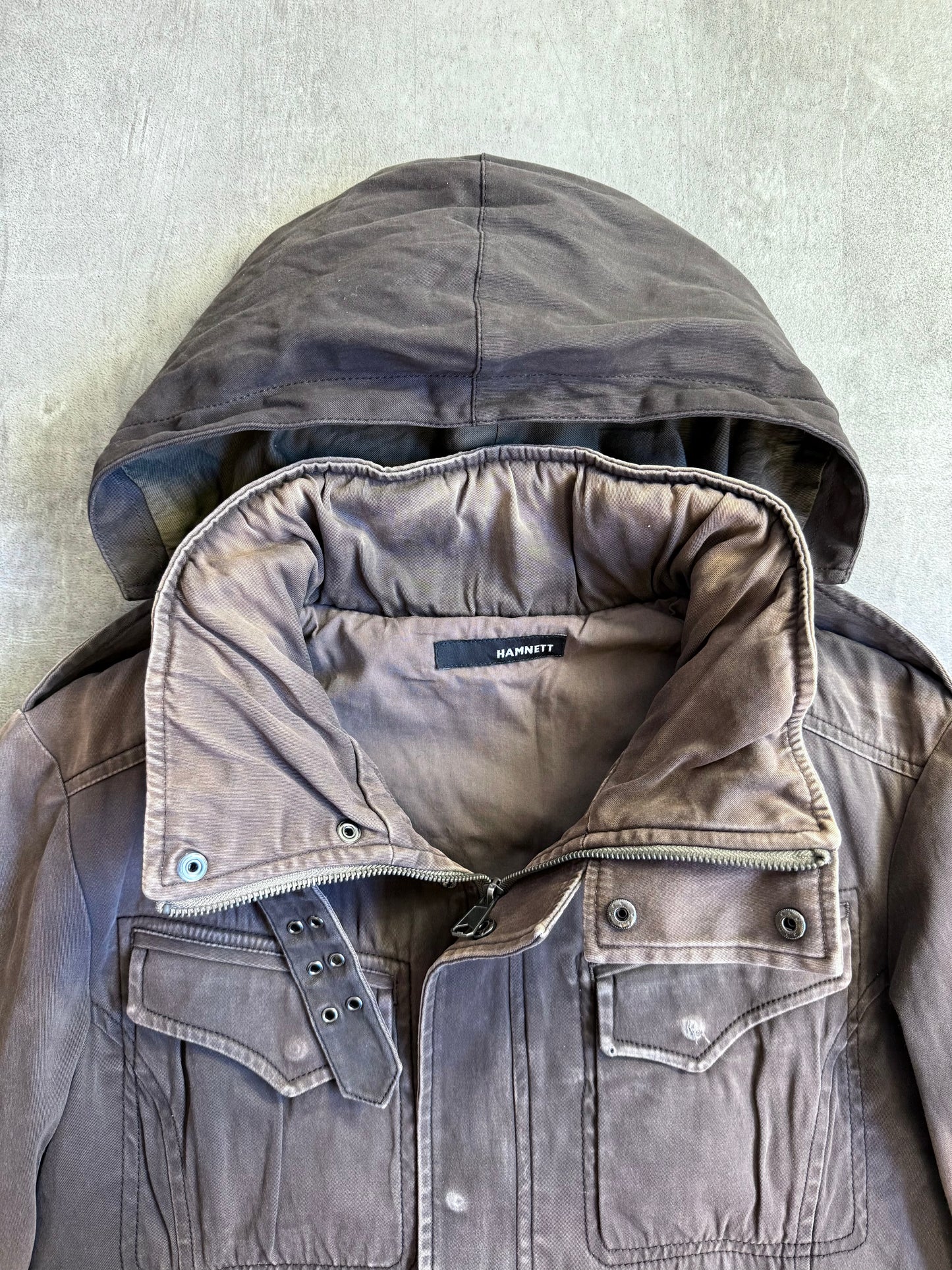 Hamnett Distressed Cotton Hooded Utility Jacket