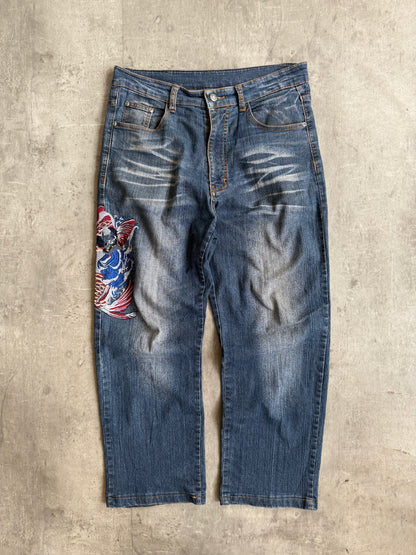 Blue Jeans Japanese Koi Fish Embroidered Denim Jeans