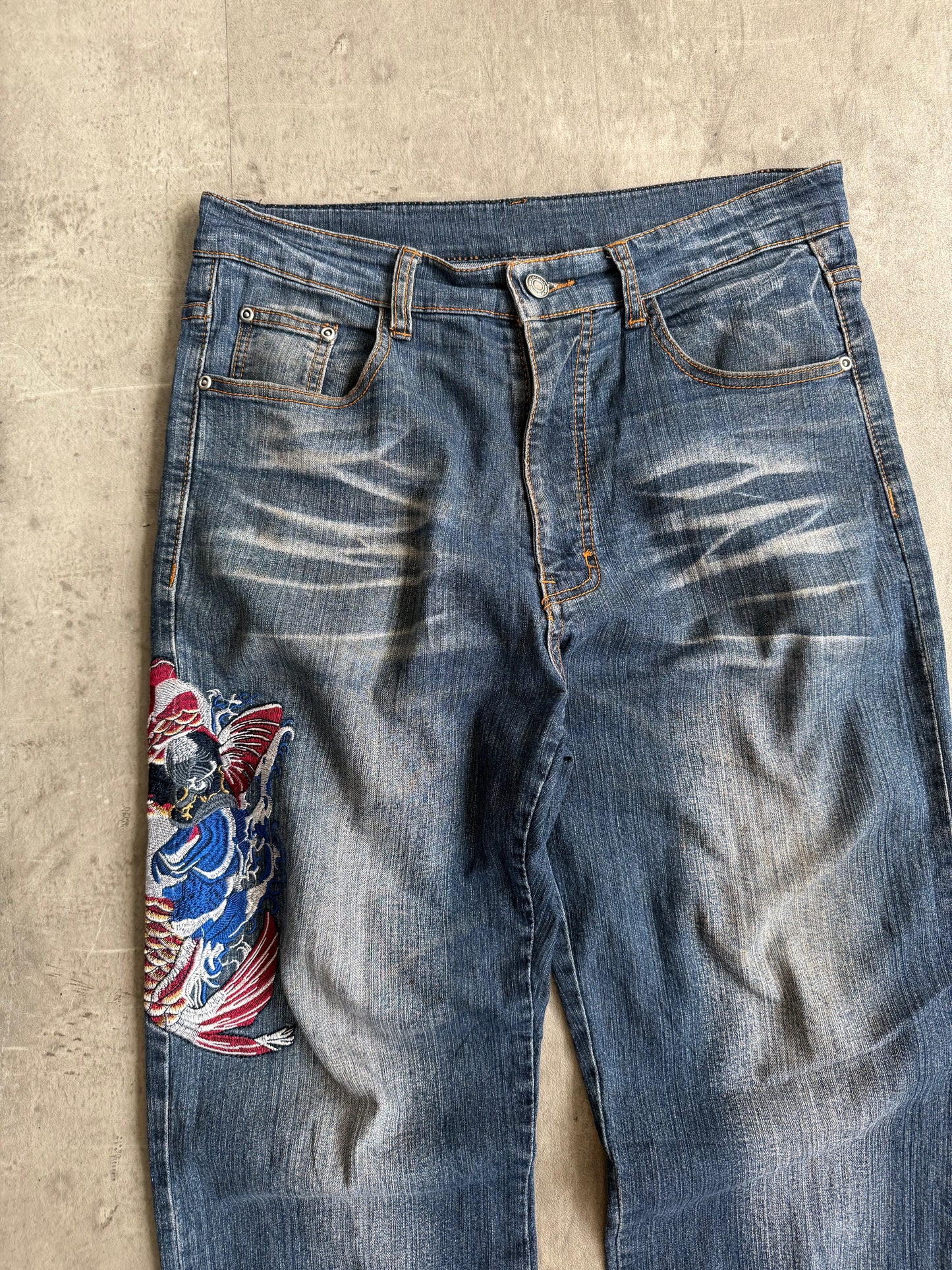 Blue Jeans Japanese Koi Fish Embroidered Denim Jeans
