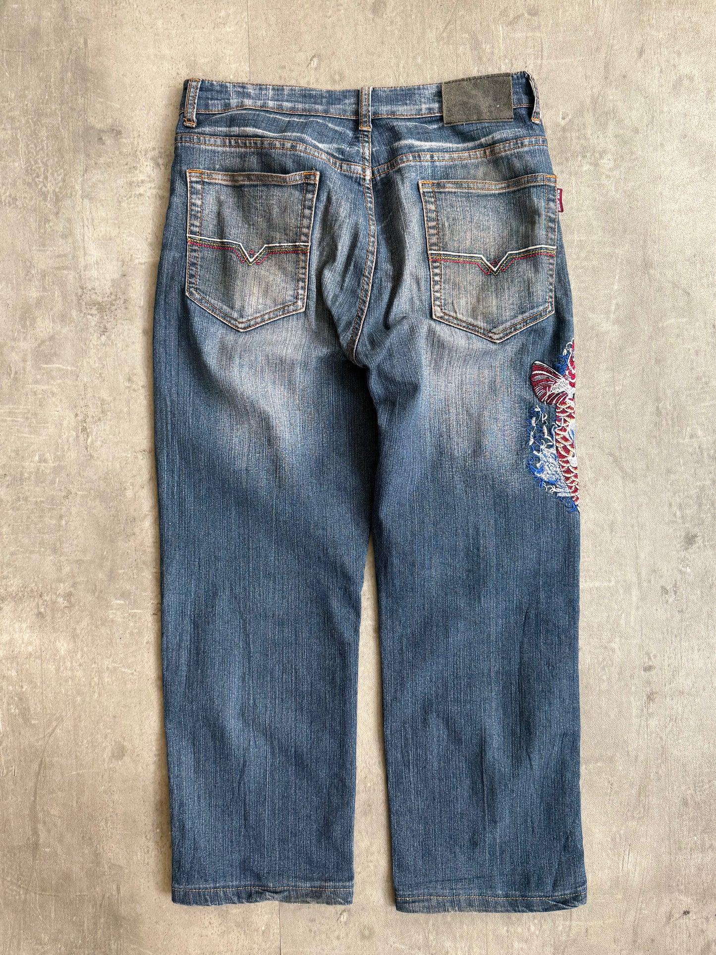 Blue Jeans Japanese Koi Fish Embroidered Denim Jeans