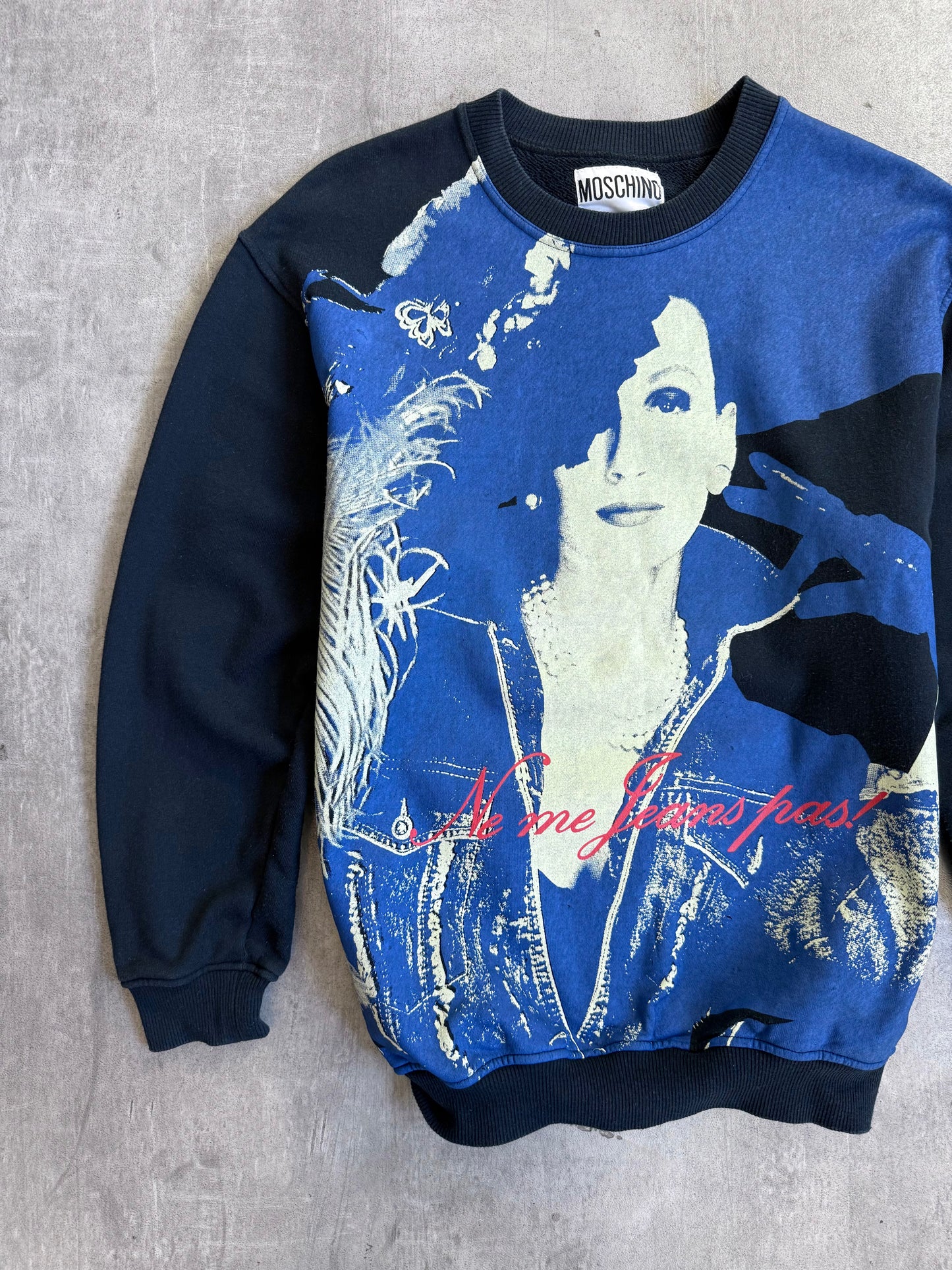 F/W 1990 Moschino Ne Me Jeans Pas! Graphic Print Sweater