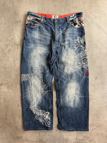 Karakuri Japan All Over Dragon Embroidered Denim Jeans