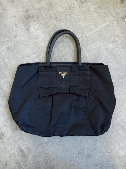 Prada Tessuto Flocco Bow Black Poly Mini Tote Bag
