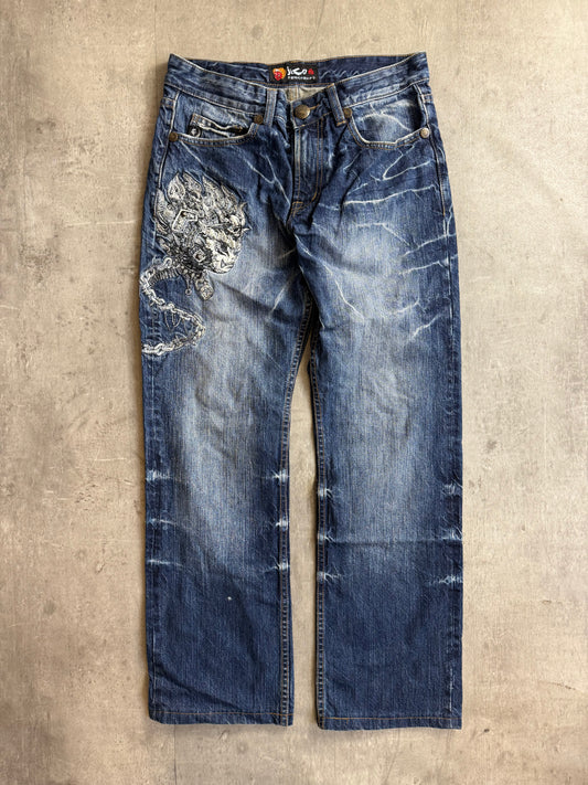 Jizo Denim Skull Chain Embroidered Jeans