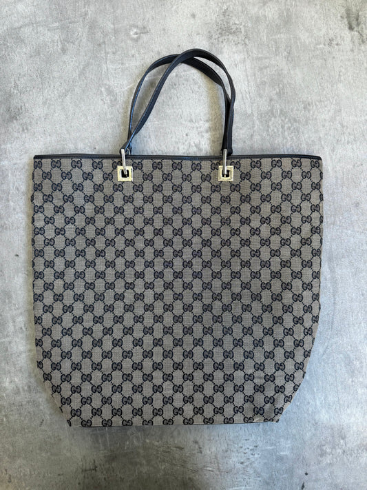 2000 Gucci GG Ebony Monogram Leather Strap Tote Bag