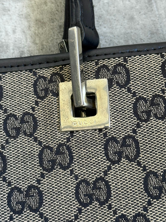 2000 Gucci GG Ebony Monogram Leather Strap Tote Bag