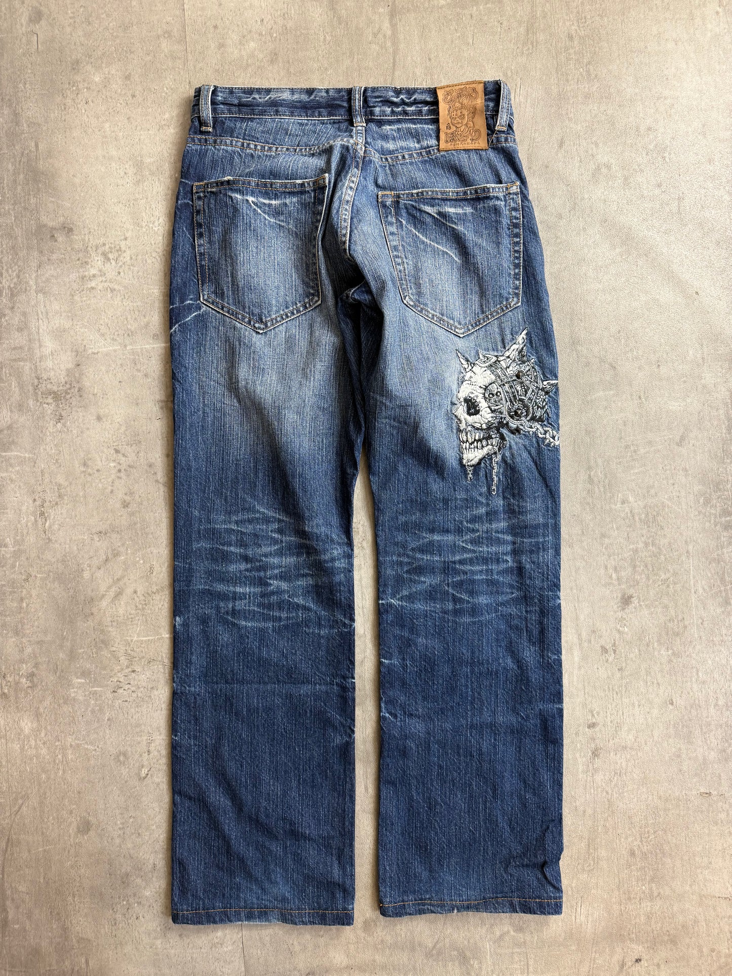 Jizo Denim Skull Chain Embroidered Jeans