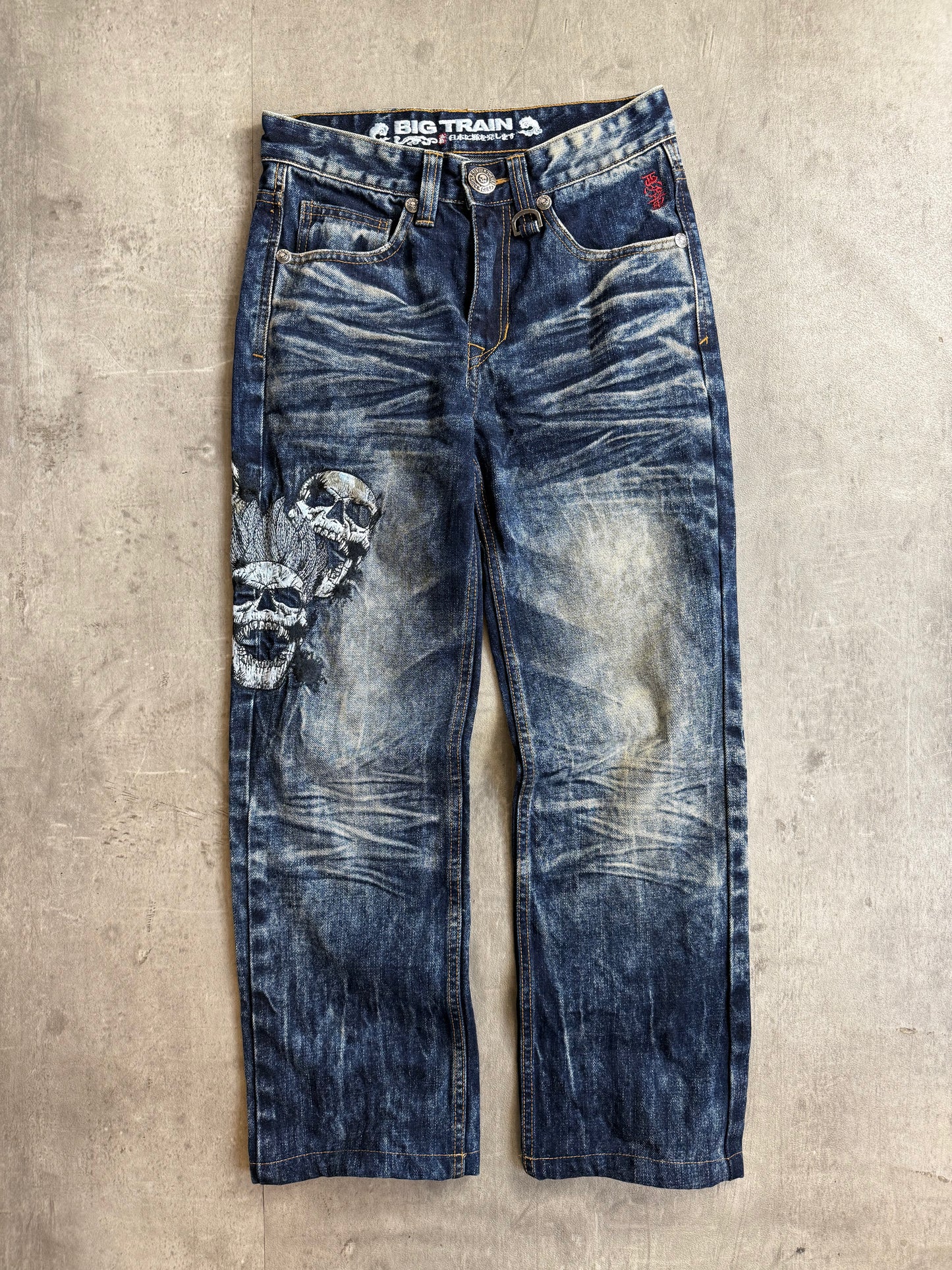 Big Train Mid Blue Skull Embroidered Denim Jeans