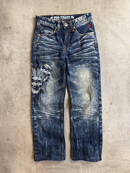 Big Train Mid Blue Skull Embroidered Denim Jeans